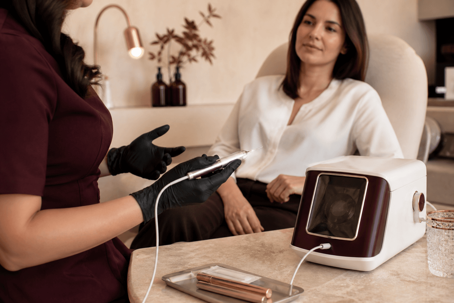 Professioneel fusion plasma-apparaat tijdens een rustig adviesgesprek